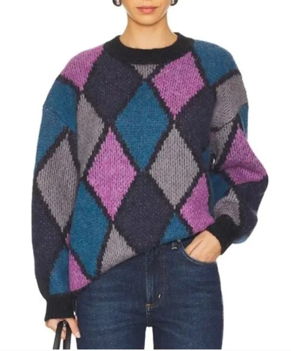 ANINE BING Sydney Crew Sweater Diamond Small Argyle Alpaca Wool Purple Blue